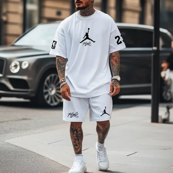 Unisex Basketball Fight Print Oversized Streetwear White Short-Sleeved T-shirt And Shorts Set - Ootdyouth.com 