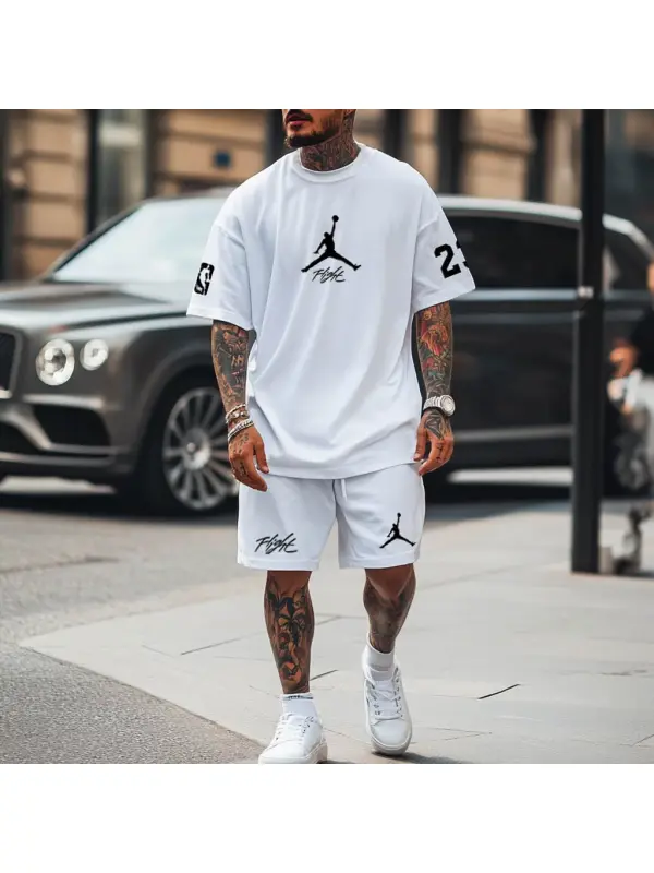 Unisex Basketball Fight Print Oversized Streetwear White Short-Sleeved T-shirt And Shorts Set - Ootdmw.com 