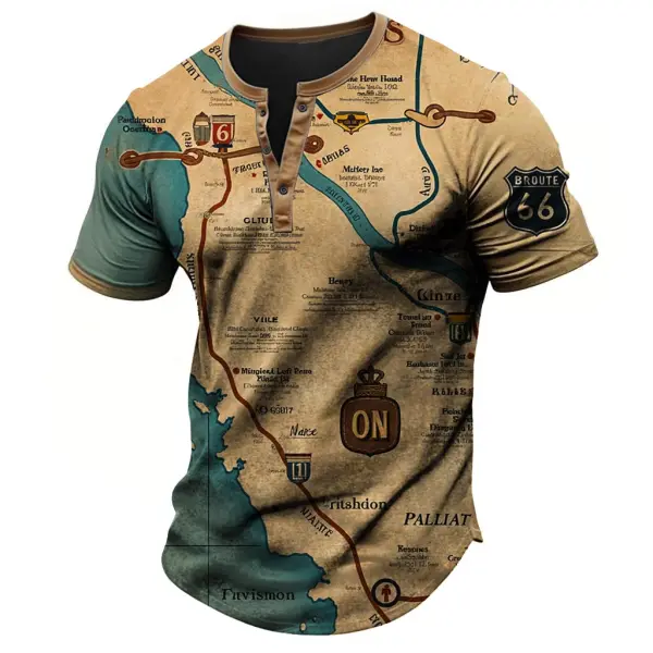 Men's Vintage Route 66 Road Trip Nautical Map Outdoor Short Sleeve Henley T-shirt - Cotosen.com 
