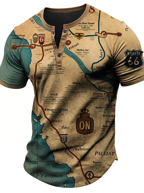 Men's Vintage Route 66 Road Trip Nautical Map Outdoor Short Sleeve Henley T-shirt - Pragmaace.com 