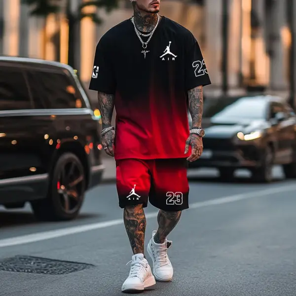 Men's Jordan Black Red Gradient Basketball Oversized Streetwear T-shirt And Shorts Set - Rabclub.com 