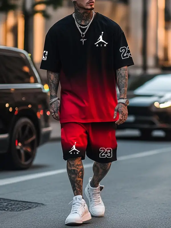 Men's Jordan Black Red Gradient Basketball Oversized Streetwear T-shirt And Shorts Set - Pragmaace.com 