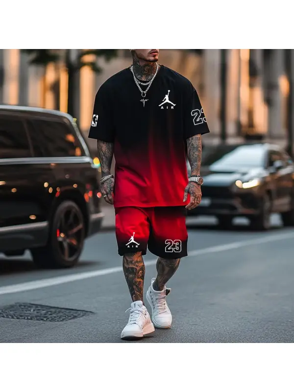 Unisex Black Red Gradient Basketball Print Oversized Streetwear Short-Sleeved T-shirt And Shorts Set - Ootdmw.com 