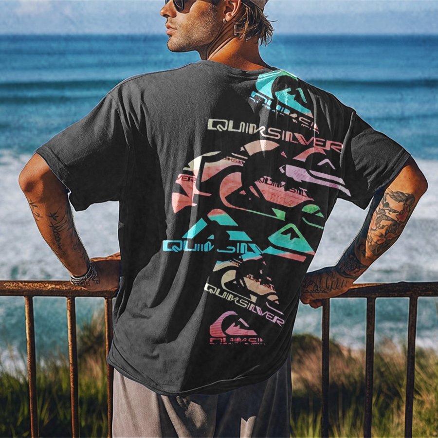 

Unisex Surf Wave Graphic Print Oversized Beach Deep Gray Short Sleeve T-Shirt