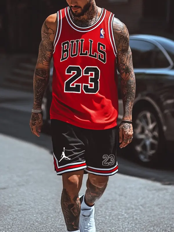 Unisex Basketball Print Inspired Athletic Red Stripes Tank Top And Black Stripes Shorts Set - Pragmaace.com 