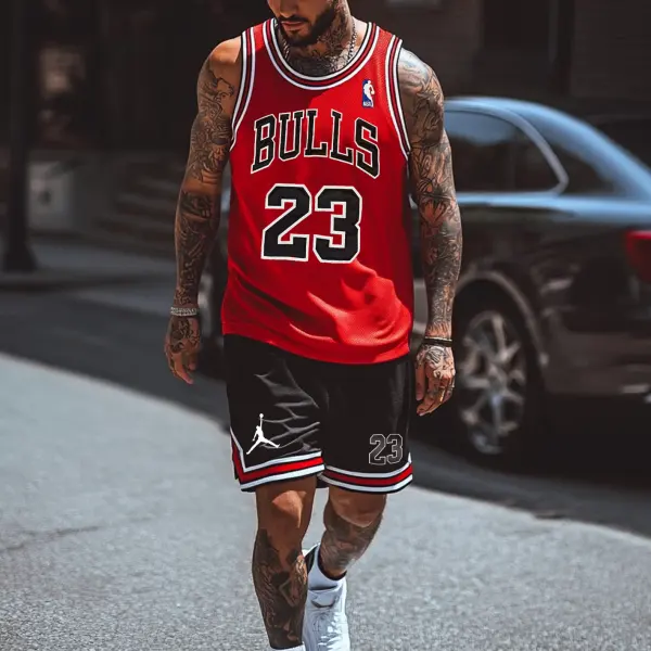 Unisex Basketball Print Inspired Athletic Red Stripes Tank Top And Black Stripes Shorts Set - Ootdyouth.com 