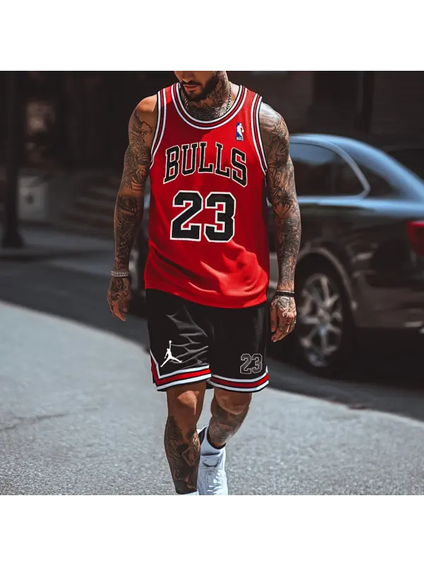 Unisex Basketball Print Inspired Athletic Red Stripes Tank Top And Black Stripes Shorts Set - Anrider.com 