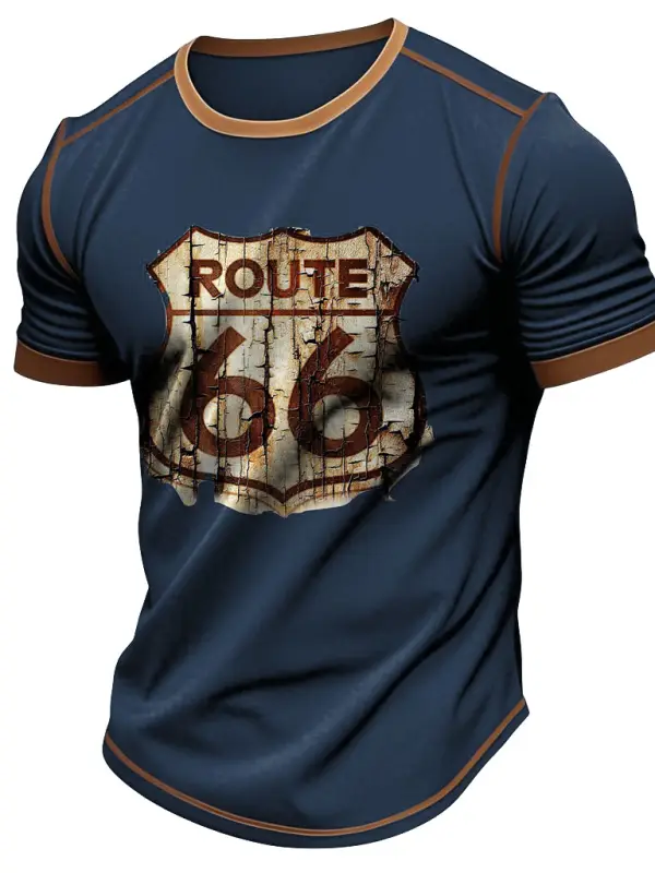 Men's Vintage Route 66 Contrast Color Short Sleeve Crew Neck T-shirt - Menbarn.com 
