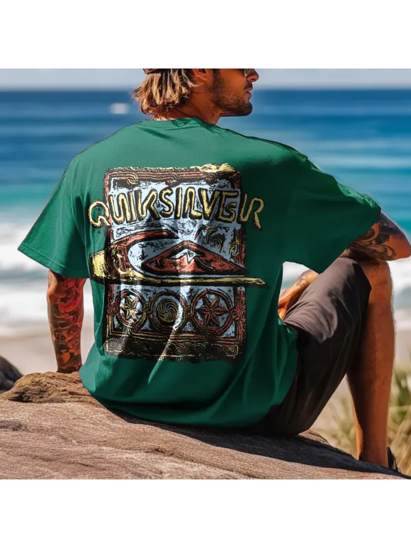 Unisex Surf Wave Graphic Print Oversized Beach Ocean Green Short Sleeve T-Shirt - Aptkoi.com 