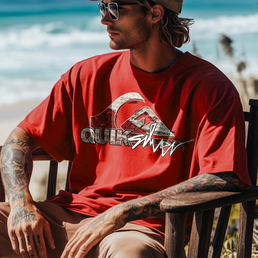 

Unisex Surf Wave Graphic Print Oversized Beach Red Short Sleeve T-Shirt