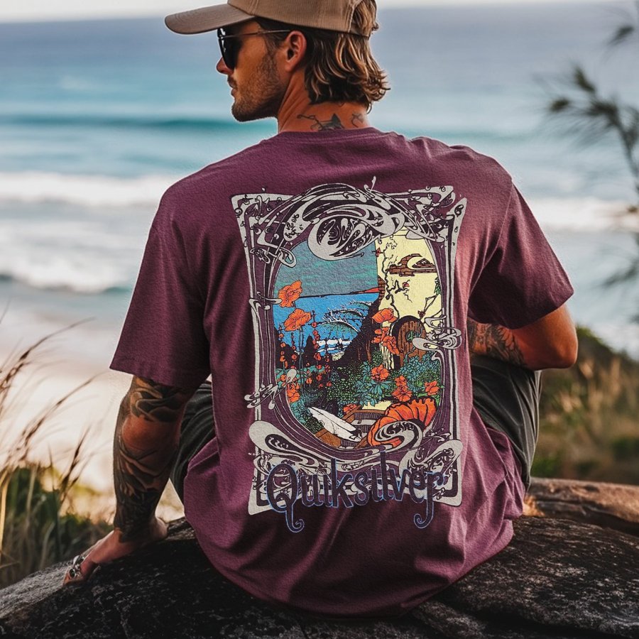 

Unisex Surf Wave Graphic Print Oversized Beach Grayish Purple Short Sleeve T-Shirt