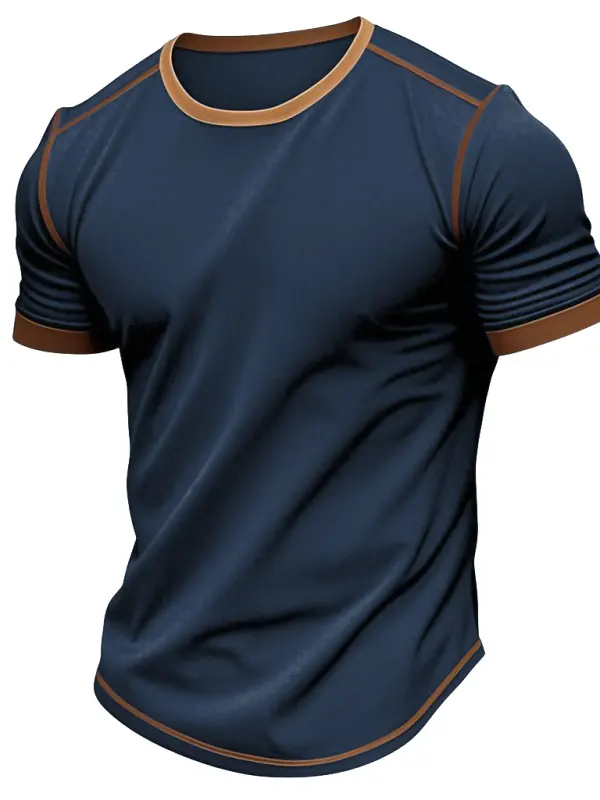 Men's Vintage Solid Color Contrast Color Short Sleeve Crew Neck T-shirt - Simplyion.com 