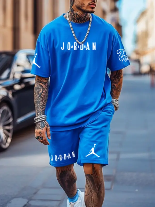 Unisex Basketball Print Oversized Streetwear Royal Blue Short-Sleeved T-shirt And Shorts Set - Pragmaace.com 