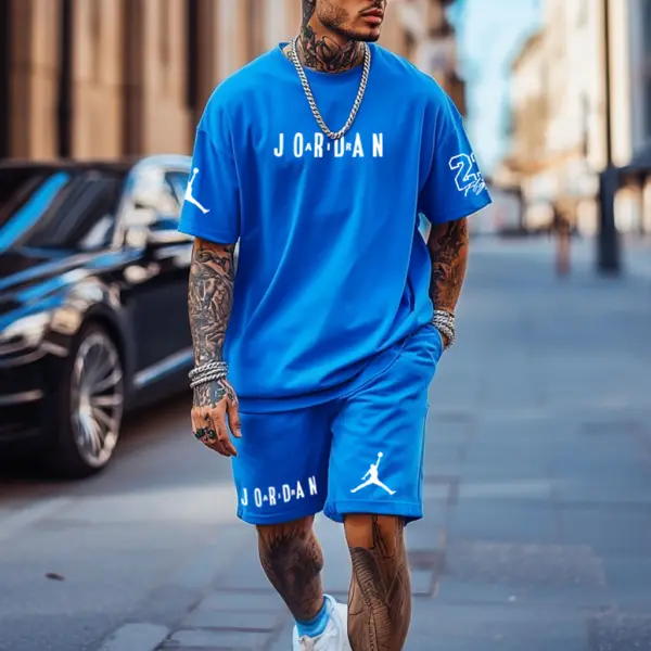 Unisex Basketball Print Oversized Streetwear Royal Blue Short-Sleeved T-shirt And Shorts Set - Spiretime.com 