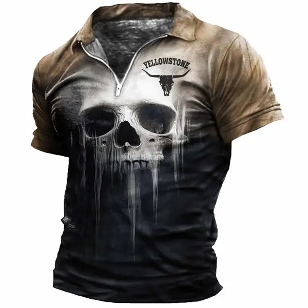 Men's Vintage Yellowstone Skull Short Sleeve Polo Zip-Up T-Shirt - Cotosen.com 