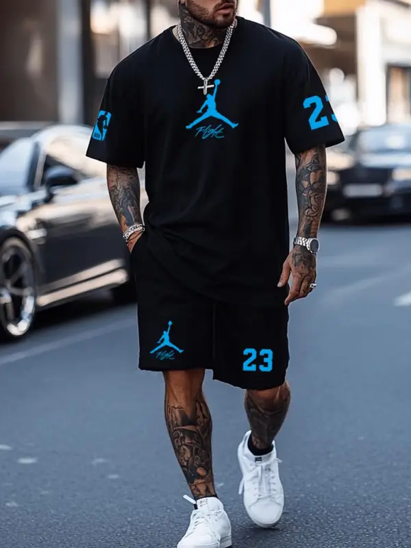 Unisex Basketball Print Oversized Streetwear Black Short-Sleeved T-shirt And Shorts Set - Pragmaace.com 