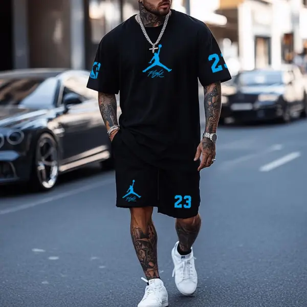 Unisex Basketball Print Oversized Streetwear Black Short-Sleeved T-shirt And Shorts Set - Spiretime.com 
