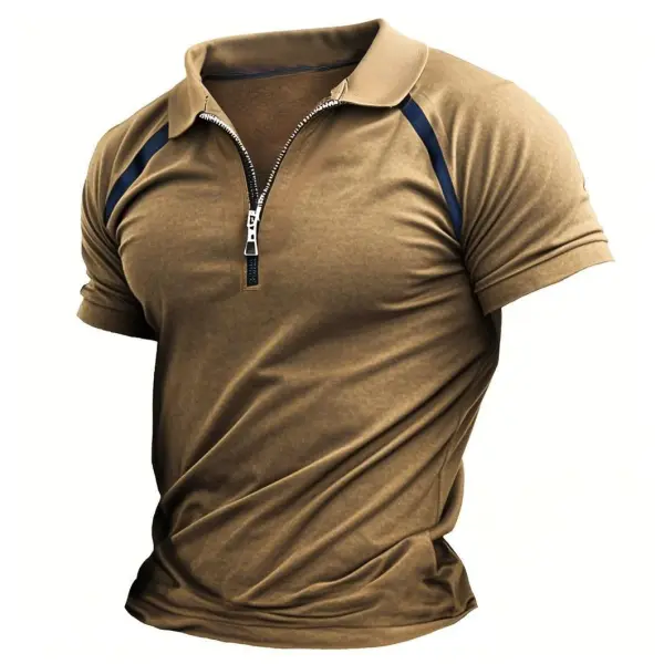 Men's Vintage Tactical Contrast Short Sleeve Polo Zip-Up T-Shirt - Cotosen.com 