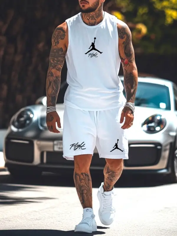 Unisex Basketball Flight Print Streetwear White Tank Top And Shorts Set - Pragmaace.com 