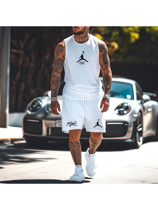 Unisex Basketball Flight Print Streetwear White Tank Top And Shorts Set - Ootdmw.com 