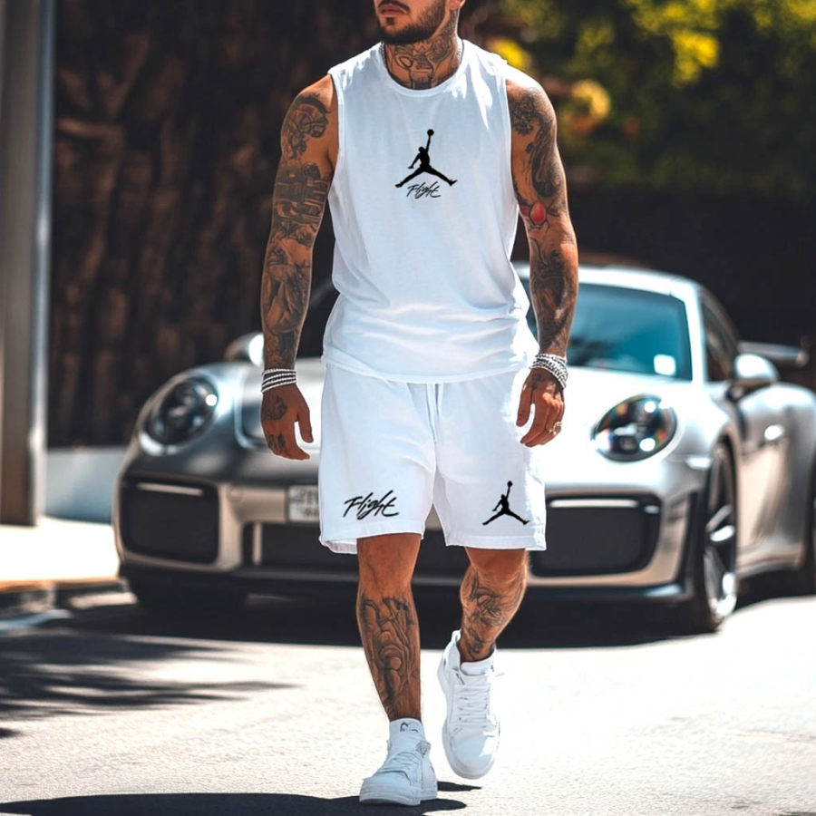 

Unisex Basketball Flight Print Streetwear White Tank Top And Shorts Set