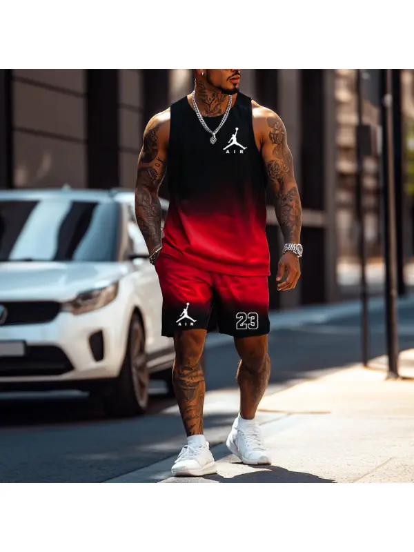 Unisex Basketball Black And Red Gradient Print Streetwear Tank Top And Shorts Set - Localziv.com 