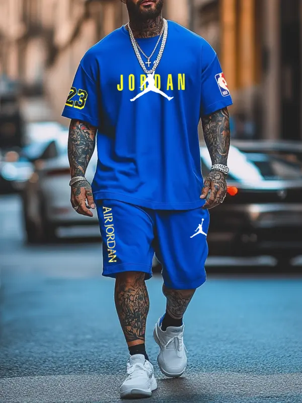 Unisex Basketball Print Oversized Streetwear Royal Blue Short-Sleeved T-shirt And Royal Blue Shorts Set - Pragmaace.com 