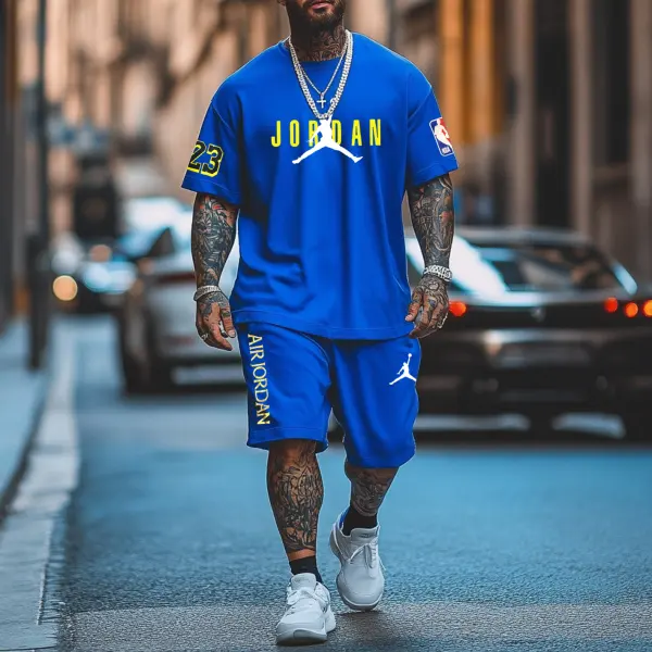 Unisex Basketball Print Oversized Streetwear Royal Blue Short-Sleeved T-shirt And Royal Blue Shorts Set - Ootdyouth.com 