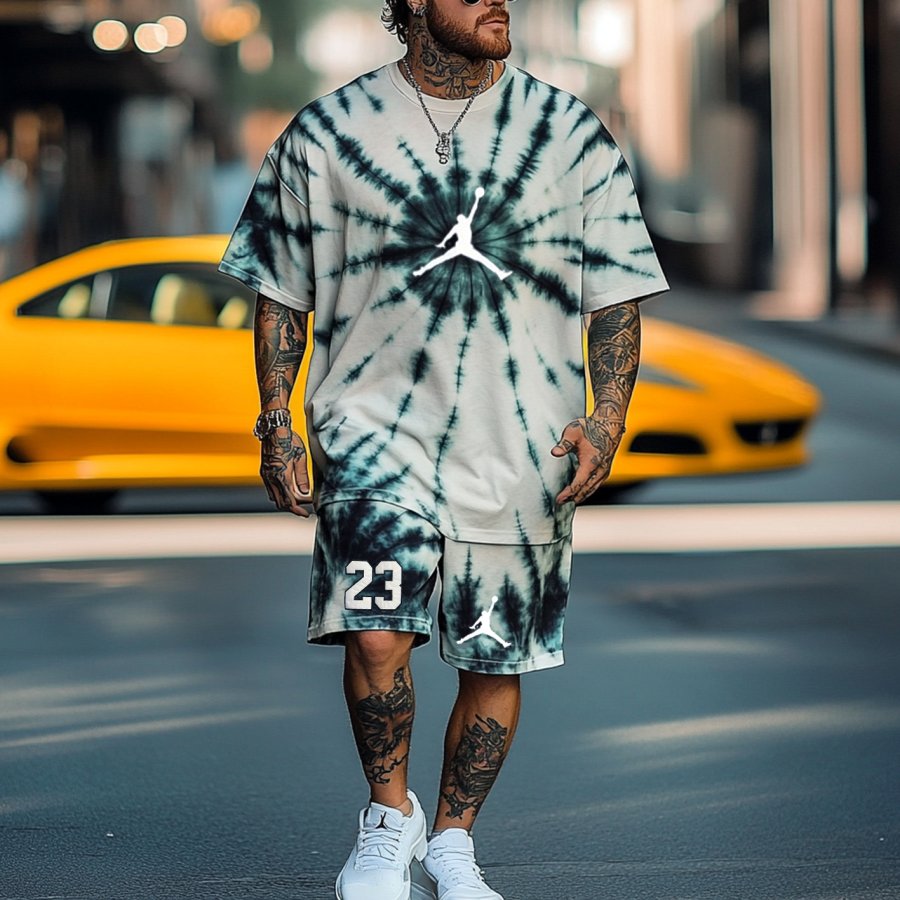 

Unisex Basketball Print Oversized Streetwear Tie-dyed Print Short-Sleeved T-shirt And Shorts Set