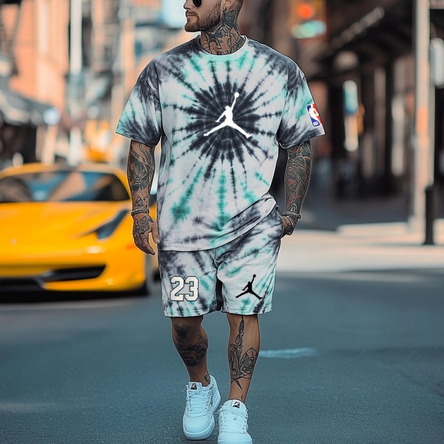 

Unisex Basketball Print Oversized Streetwear Tie-dyed Print Short-Sleeved T-shirt And Shorts Set