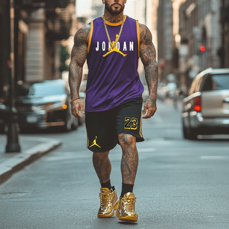 

Unisex Basketball Print Oversized Streetwear Purple Short-Sleeved Tank And Black Shorts Set