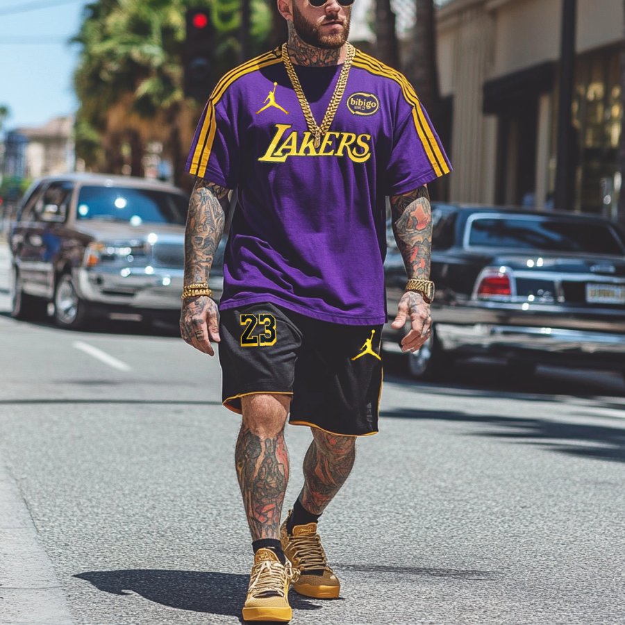 

Unisex Basketball Print Oversized Streetwear Purple Short-Sleeved T-shirt And Black Shorts Set