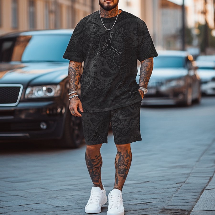 

Unisex Basketball Bandanna Print Oversize T-shirt And Shorts Set