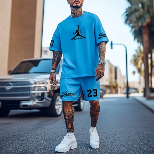 Unisex Basketball Print Athletic Oversized Streetwear Blue Short-Sleeved T-shirt And Shorts Set - Yesunshine.com 