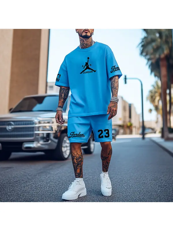 Unisex Basketball Print Athletic Oversized Streetwear Blue Short-Sleeved T-shirt And Shorts Set - Shopyiyistories.com 