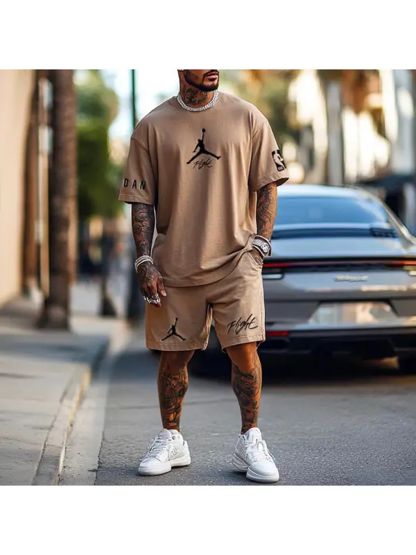 Unisex Basketball Flight Print Oversized Streetwear Khaki Short-Sleeved T-shirt And Shorts Set - Ootdmw.com 