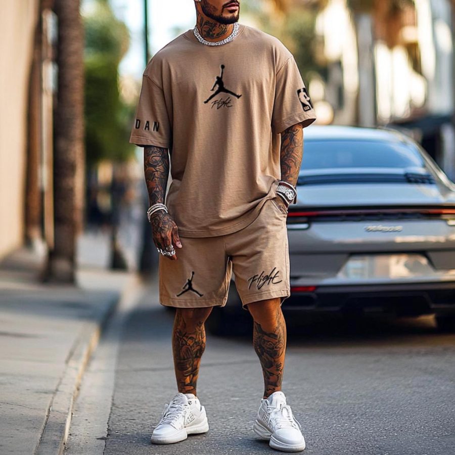 

Unisex Basketball Flight Print Oversized Streetwear Khaki Short-Sleeved T-shirt And Shorts Set