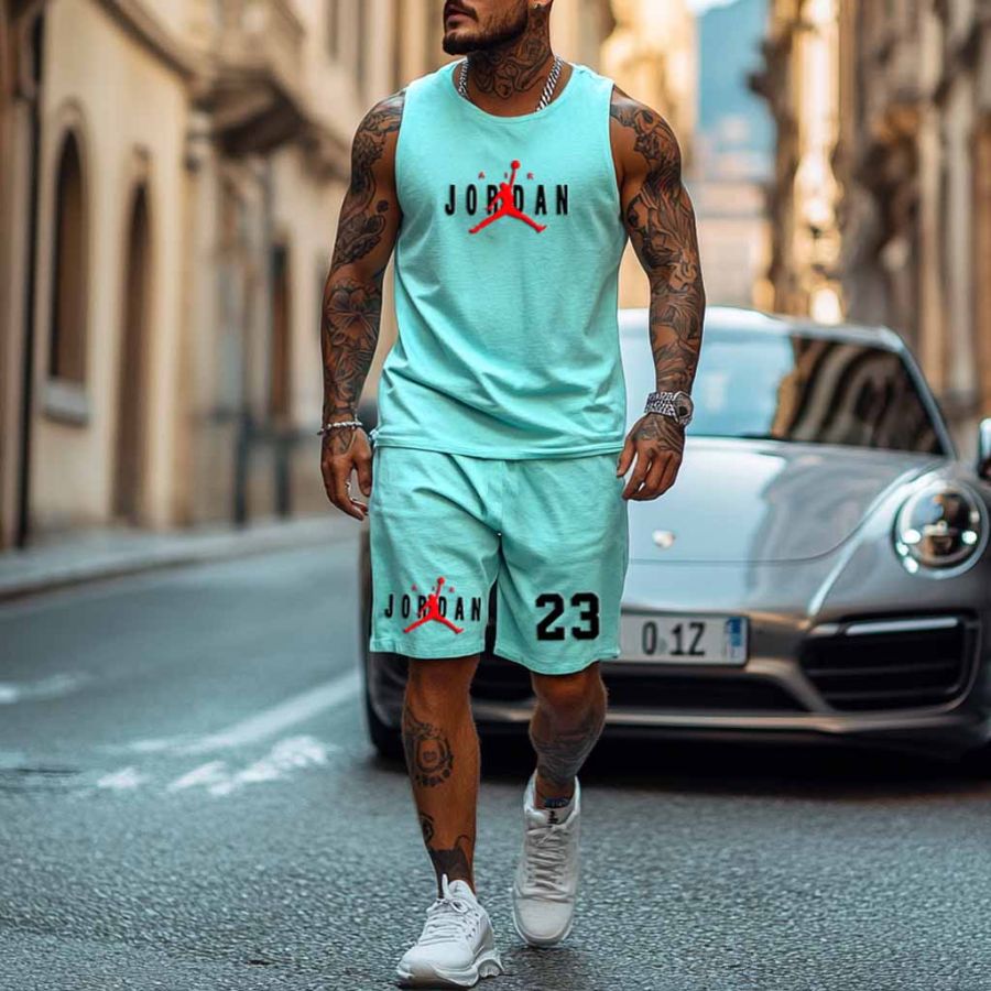 

Unisex Basketball Print Streetwear Teal Tank Top And Shorts Set