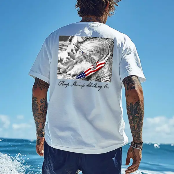 Unisex Surf Shrimp American Flag Graphic Print Oversized White Cotton Short Sleeve T-Shirt - Wayrates.com 