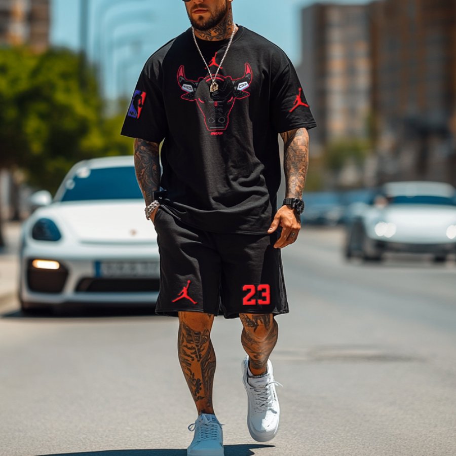 

Unisex Basketball Classic Creative Shoes Bull Head Print T-shirt And Shorts Set