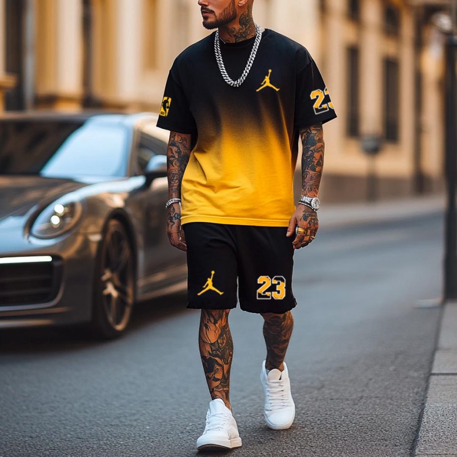 

Unisex Basketball Black And Yellow Gradient Print Oversized Streetwear Short-Sleeved T-shirt And Shorts Set