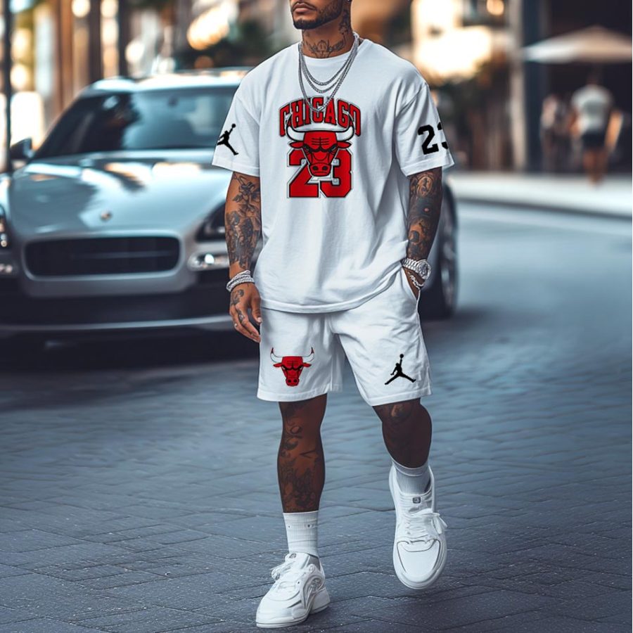 

Unisex Basketball Chicago Print Oversized Streetwear White Short-Sleeved T-shirt And Shorts Set