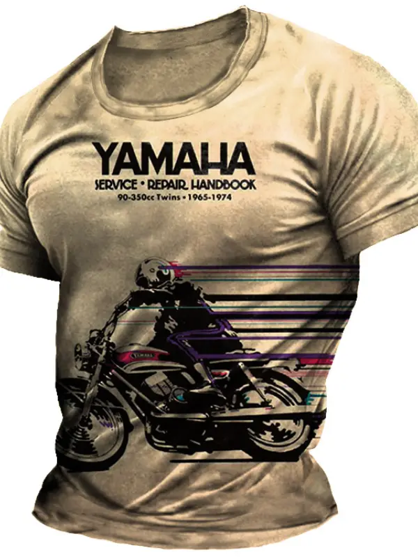 Men's Vintage Khaki Motorcycle Racing Print Crew Neck Short Sleeve T-Shirt - Pragmaace.com 