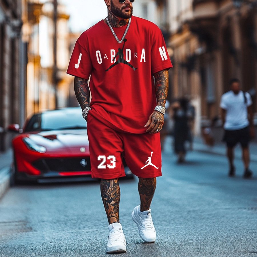 

Unisex Basketball Print Oversized Streetwear Red Short-Sleeved T-shirt And Shorts Set