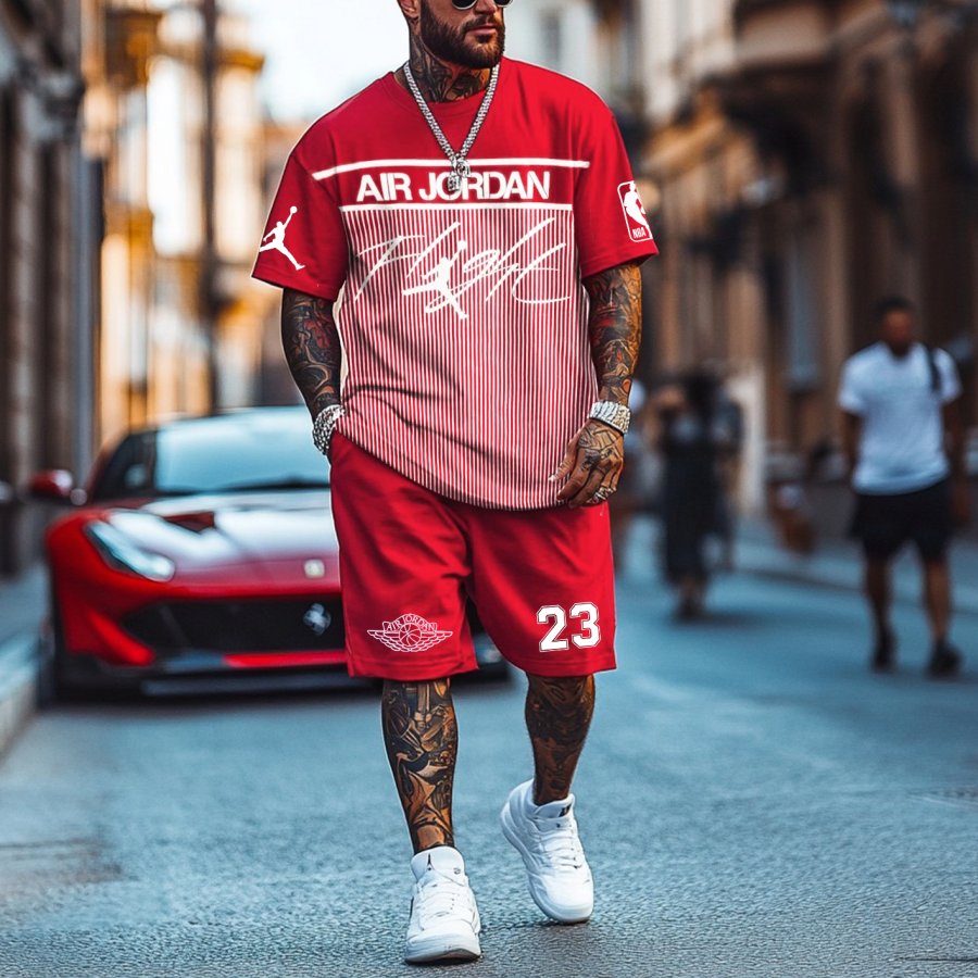 

Unisex Basketball Print Oversized Streetwear Red Short-Sleeved T-shirt And Shorts Set