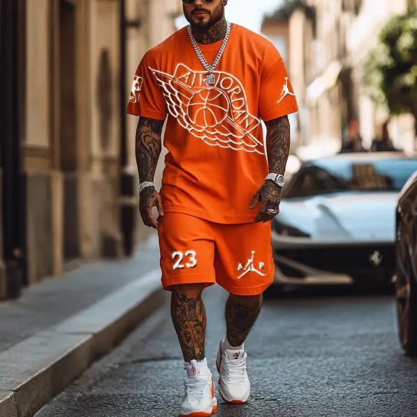 Unisex Basketball Foamed Print Oversized Streetwear Orange Short-Sleeved T-shirt And Shorts Set - Ootdyouth.com 