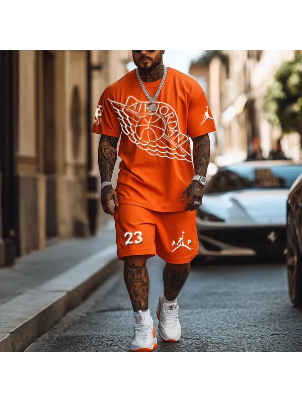 Unisex Basketball Foamed Print Oversized Streetwear Orange Short-Sleeved T-shirt And Shorts Set - Localziv.com 