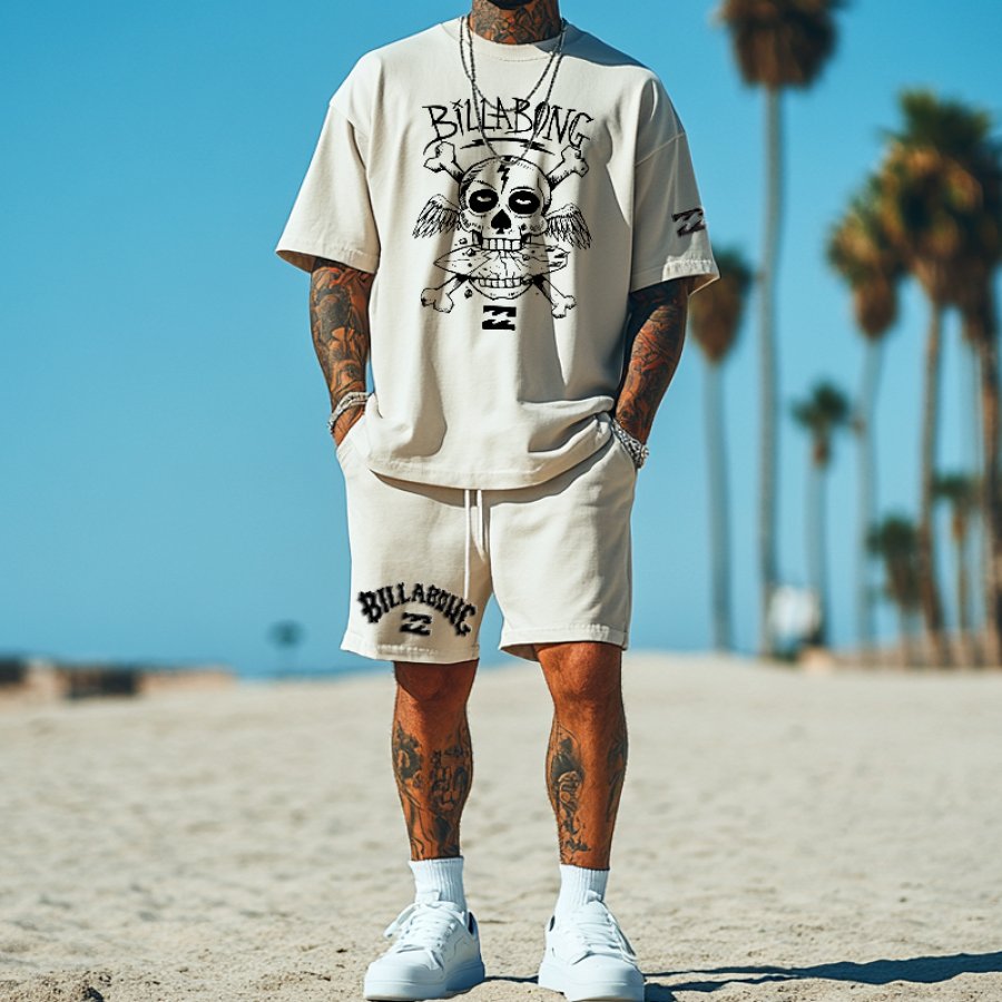 

Unisex Surf Retro Skateboard Skull Street Oversize T-shirt And Shorts Set
