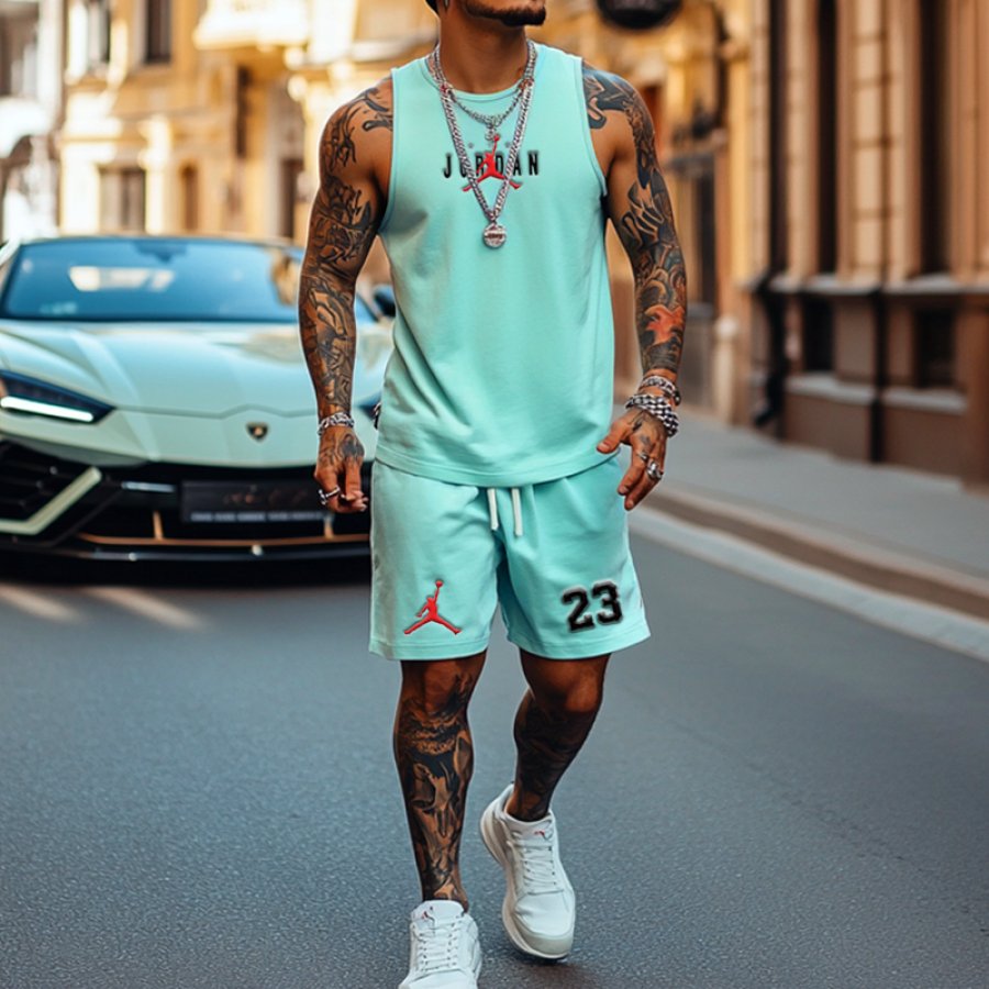 

Unisex Basketball Print Inspired Bright Blue Tank Top And Stripes Shorts Set