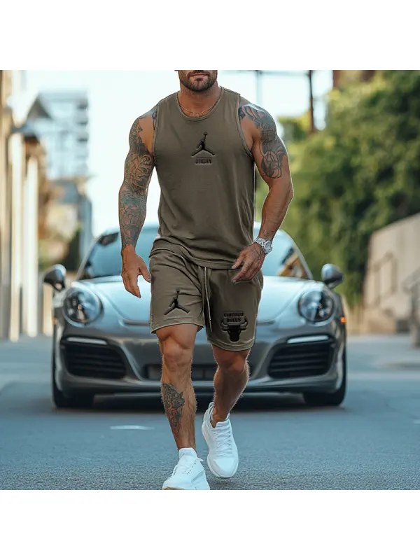 Unisex Basketball Print Inspired Dark Khaki Tank Top And Stripes Shorts Set - Aptkoi.com 